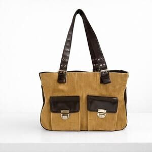 The Limited Y2K Tan Corduroy Brown Faux Leather Shoulder Tote Bag Large